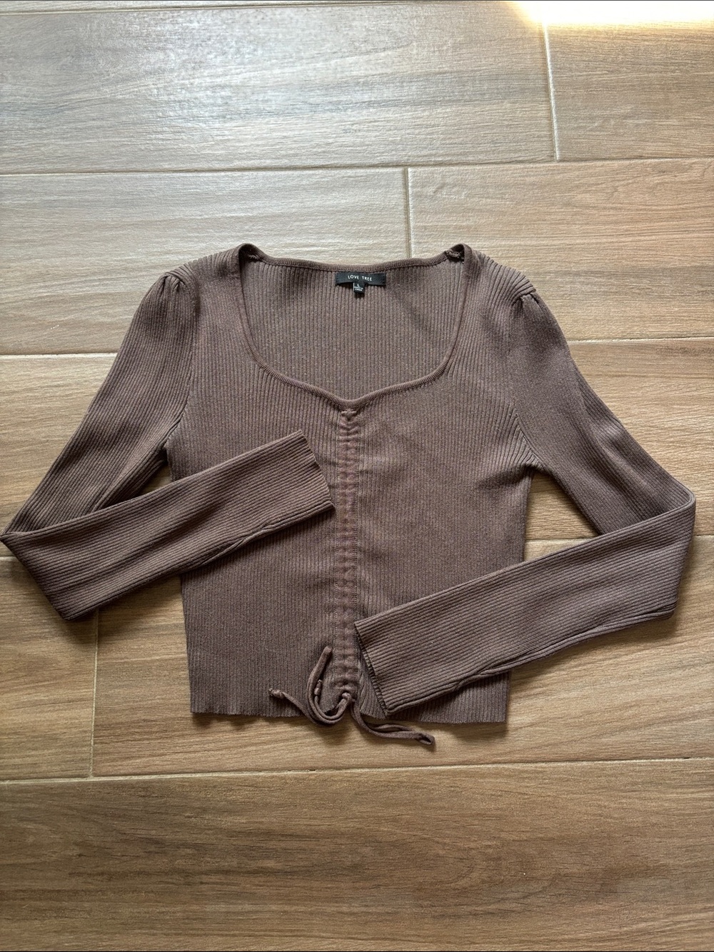 Chocolate Brown Ribbed Tie-Front Long Sleeve Crop Top